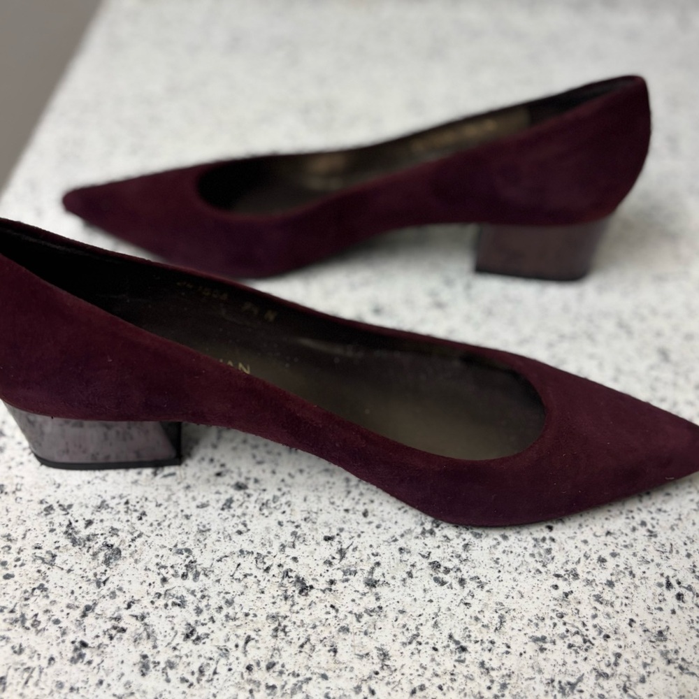 Stuart Weitzman Wine Suede Pointed Block Heel Pumps